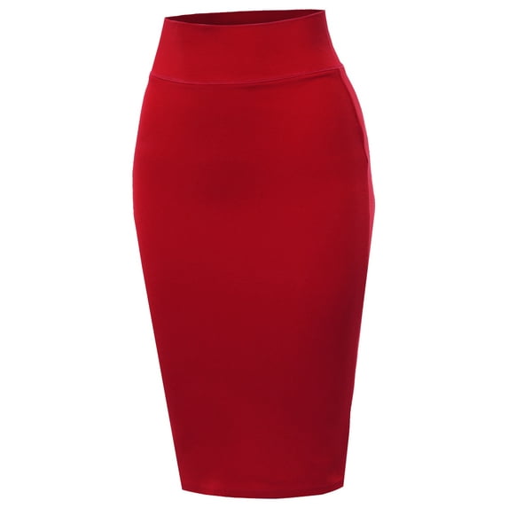 A2Y Women's Basic Solid Ponte Knee Length Slit Techno Span High Waist Pencil Skirt Red 1XL