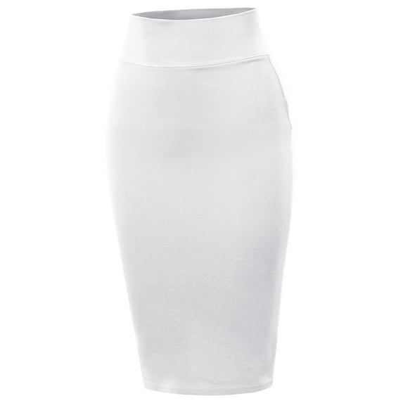 A2Y Women's Basic Solid Ponte Knee Length Slit Techno Span High Waist Pencil Skirt White 1XL