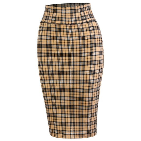 A2Y Women's Basic Solid Ponte Knee Length Slit Techno Span High Waist Pencil Skirt Yellow Check Plaid L