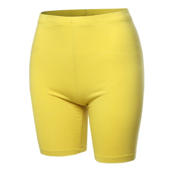 A2Y Women's Basic Solid Premium Cotton Mid Thigh High Rise Biker Bermuda Shorts Yellow 1XL