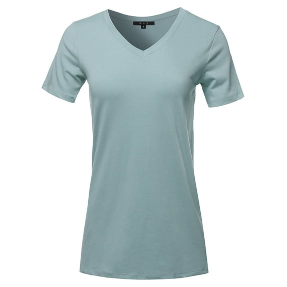 A2Y Women's Basic Solid Premium Cotton Short Sleeve V-neck T Shirt Tee Tops Blue Grey S