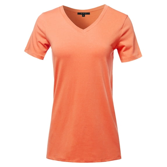 A2Y Women's Basic Solid Premium Cotton Short Sleeve V-neck T Shirt Tee Tops Deep Coral L