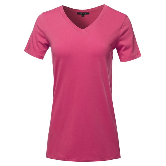 A2Y Women's Basic Solid Premium Cotton Short Sleeve V-neck T Shirt Tee Tops Hot Pink 1XL