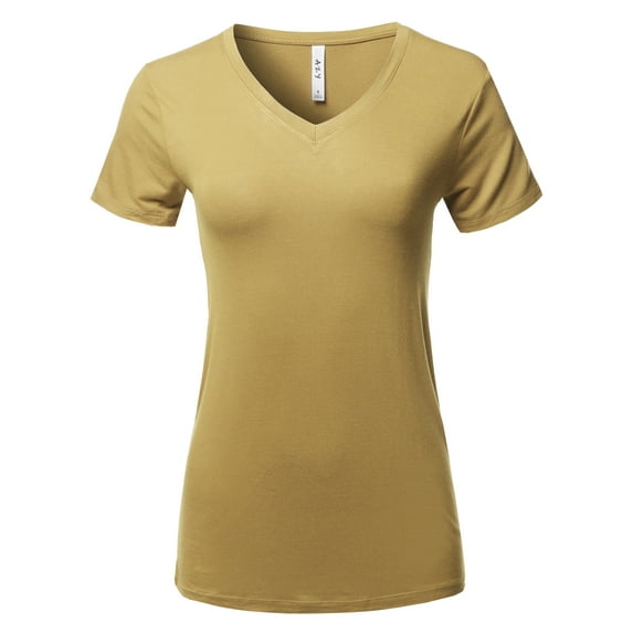 A2Y Women's Basic Solid Premium Rayon Short Sleeve V-neck T Shirt Tee Tops Khaki XL