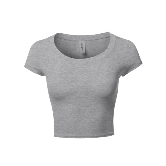 A2Y Women's Basic Solid Printed Scoop Neck Cap Sleeve Fitted Crop Rayon Top Tee Shirt Heather Grey S