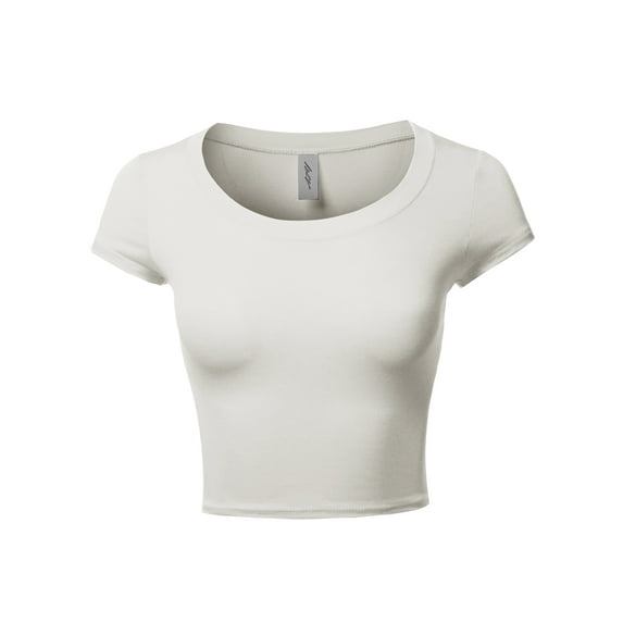 A2Y Women's Basic Solid Printed Scoop Neck Cap Sleeve Fitted Crop Rayon Top Tee Shirt Ivory M