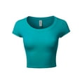thumbnail image 1 of A2Y Women's Basic Solid Printed Scoop Neck Cap Sleeve Fitted Crop Rayon Top Tee Shirt Jade M, 1 of 3