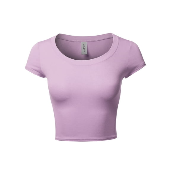 A2Y Women's Basic Solid Printed Scoop Neck Cap Sleeve Fitted Crop Rayon Top Tee Shirt Lavender XL