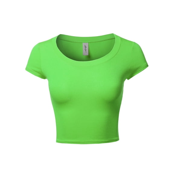 A2Y Women's Basic Solid Printed Scoop Neck Cap Sleeve Fitted Crop Rayon Top Tee Shirt Lime XS
