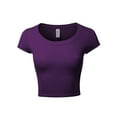 thumbnail image 1 of A2Y Women's Basic Solid Printed Scoop Neck Cap Sleeve Fitted Crop Rayon Top Tee Shirt Purple M, 1 of 3