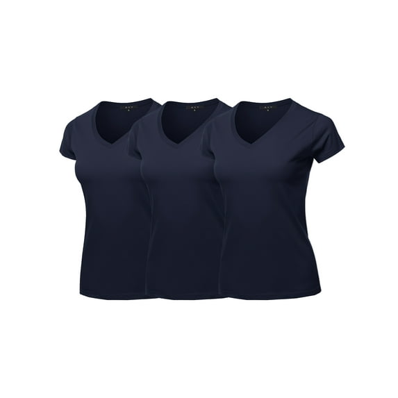 A2Y Women's Basic Solid Ring Spun 100% Cotton Short Sleeve V Neck T Shirt Tee Tops 3 Pack - Navy 2XL