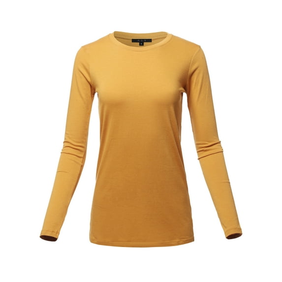 A2Y Women's Basic Solid Soft Cotton Long Sleeve Crew Neck Top Shirts Ash Mustard 1XL