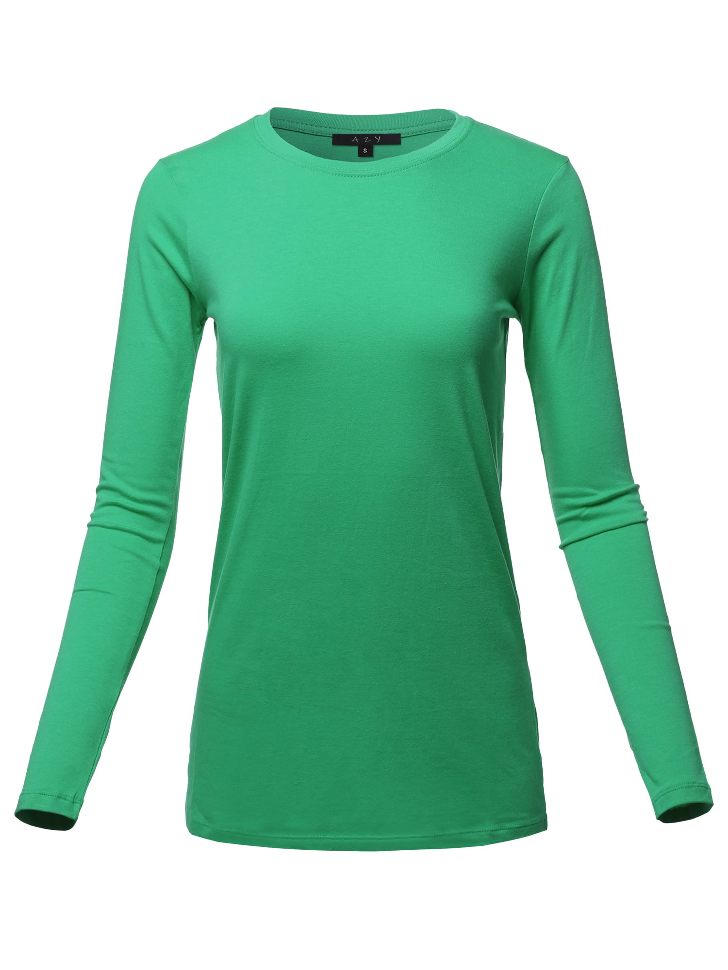 A2Y Women's Basic Solid Soft Cotton Long Sleeve Crew Neck Top Shirts Kelly  Green S