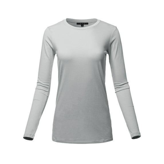 A2Y Women's Basic Solid Soft Cotton Long Sleeve Crew Neck Top Shirts Light Grey L