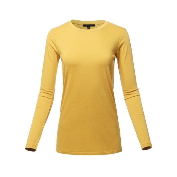 A2Y Women's Basic Solid Soft Cotton Long Sleeve Crew Neck Top Shirts Light Mustard 3XL