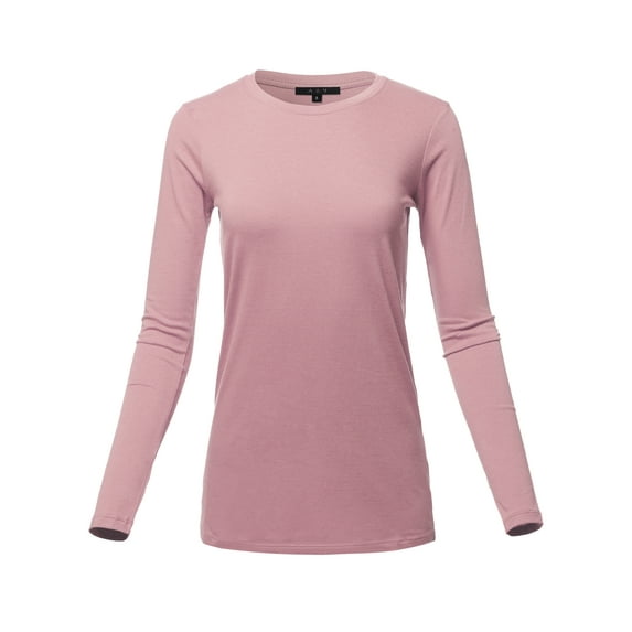 A2Y Women's Basic Solid Soft Cotton Long Sleeve Crew Neck Top Shirts Light Rose XL