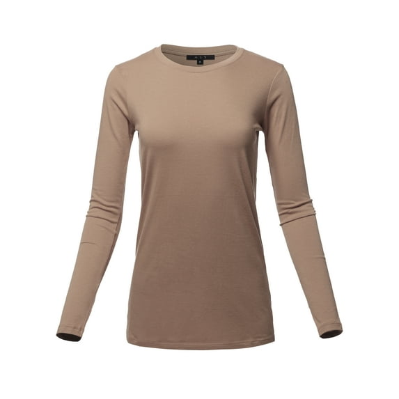 A2Y Women's Basic Solid Soft Cotton Long Sleeve Crew Neck Top Shirts Mocha 1XL