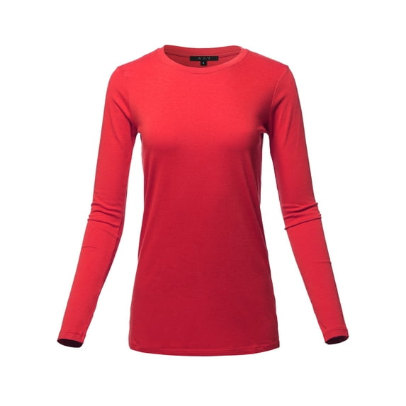 A2Y Women's Basic Solid Soft Cotton Long Sleeve Crew Neck Top Shirts Ruby M