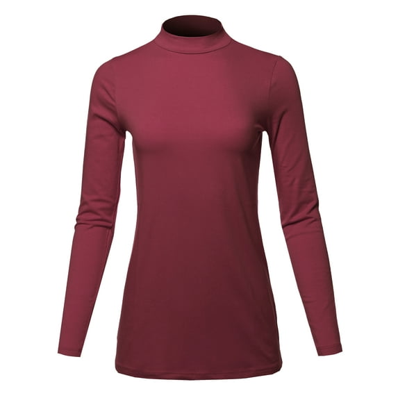 A2Y Women's Basic Solid Soft Cotton Long Sleeve Mock Neck Top Shirts Cabernet 2XL