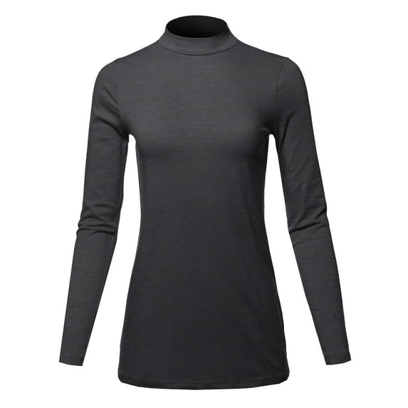 A2Y Women's Basic Solid Soft Cotton Long Sleeve Mock Neck Top Shirts Charcoal M