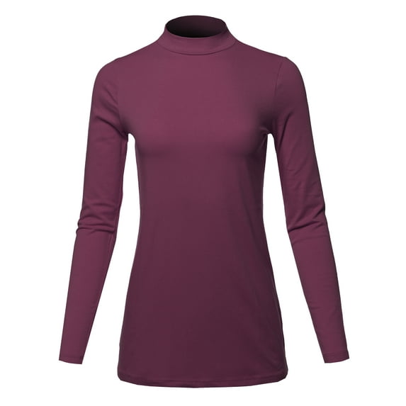 A2Y Women's Basic Solid Soft Cotton Long Sleeve Mock Neck Top Shirts Dark Plum 1XL