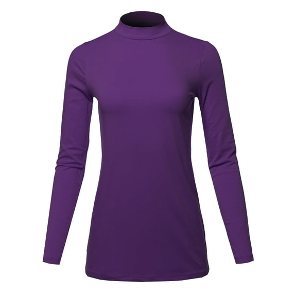 A2Y Women's Basic Solid Soft Cotton Long Sleeve Mock Neck Top Shirts Dark Purple XL