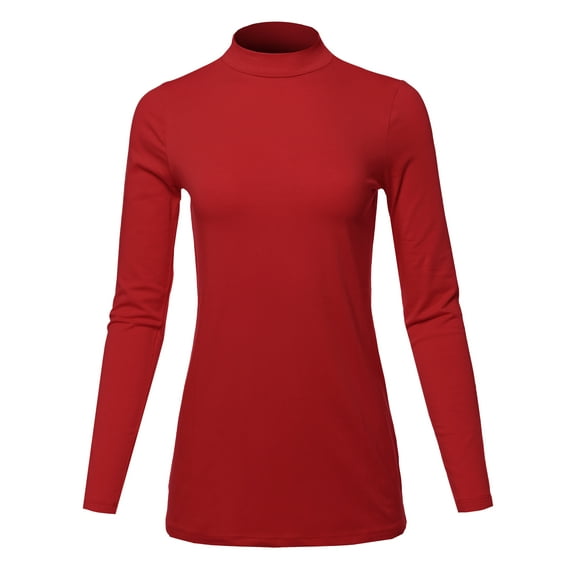 A2Y Women's Basic Solid Soft Cotton Long Sleeve Mock Neck Top Shirts Dark Red 2XL