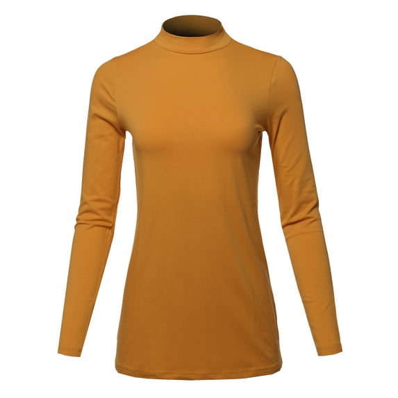 A2Y Women's Basic Solid Soft Cotton Long Sleeve Mock Neck Top Shirts Desert Mustard M