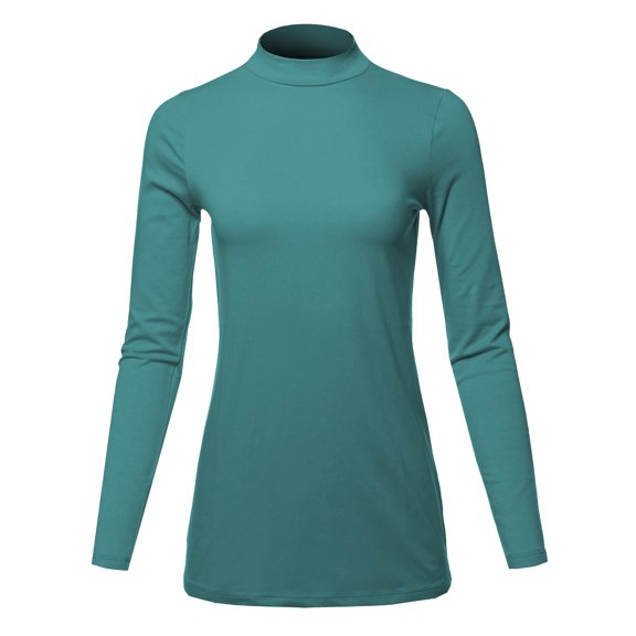 A2Y Women's Basic Solid Soft Cotton Long Sleeve Mock Neck Top Shirts Dusty Teal 2XL