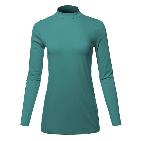 A2Y Women's Basic Solid Soft Cotton Long Sleeve Mock Neck Top Shirts Dusty Teal M
