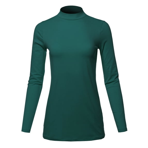 A2Y Women's Basic Solid Soft Cotton Long Sleeve Mock Neck Top Shirts Huntergreen L
