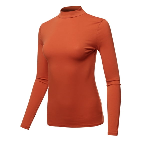A2Y Women's Basic Solid Soft Cotton Long Sleeve Mock Neck Top Shirts Junior Fit Copper S