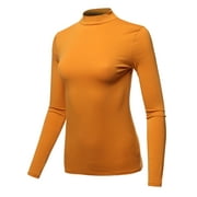 A2Y Women's Basic Solid Soft Cotton Long Sleeve Mock Neck Top Shirts Junior Fit Desert Mustard S