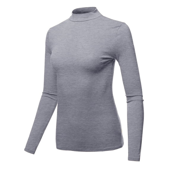 A2Y Women's Basic Solid Soft Cotton Long Sleeve Mock Neck Top Shirts Junior Fit Heather Grey M