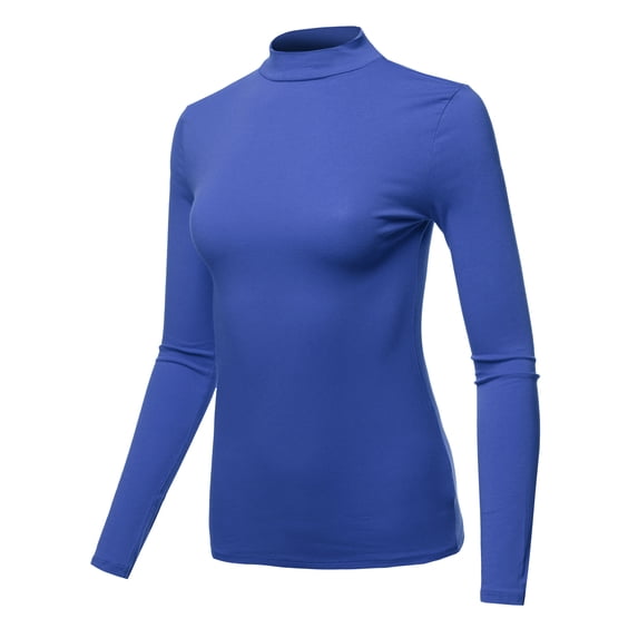 A2Y Women's Basic Solid Soft Cotton Long Sleeve Mock Neck Top Shirts Junior Fit Sapphire S