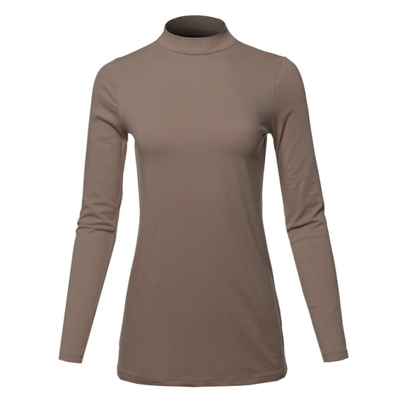 A2Y Women's Basic Solid Soft Cotton Long Sleeve Mock Neck Top Shirts Mocha 2XL
