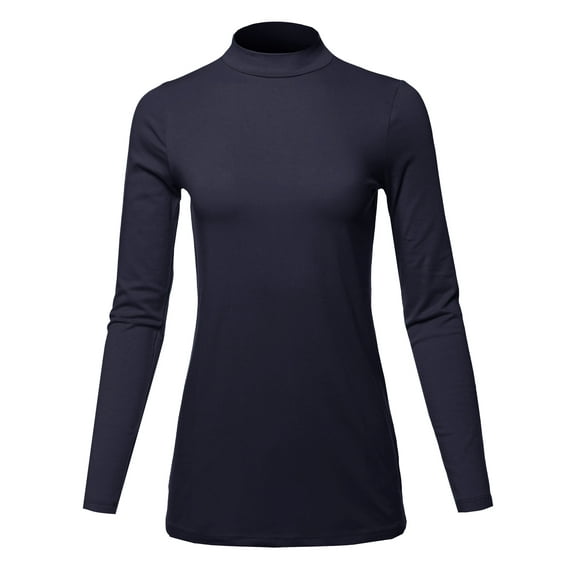 A2Y Women's Basic Solid Soft Cotton Long Sleeve Mock Neck Top Shirts Navy XL