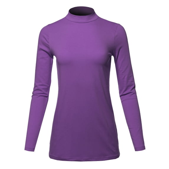 A2Y Women's Basic Solid Soft Cotton Long Sleeve Mock Neck Top Shirts Purple XL