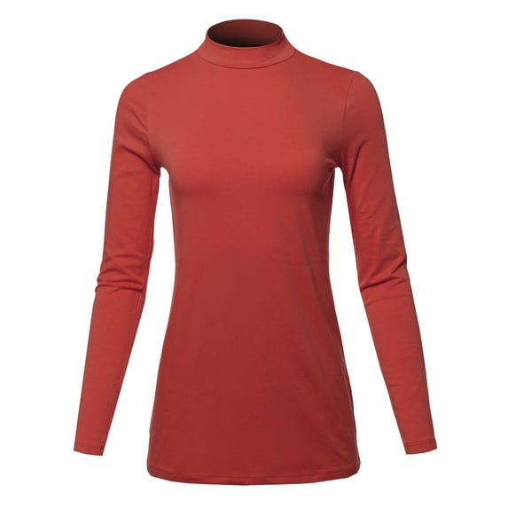 A2Y Women's Basic Solid Soft Cotton Long Sleeve Mock Neck Top Shirts Rose S