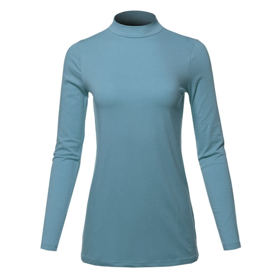 A2Y Women's Basic Solid Soft Cotton Long Sleeve Mock Neck Top Shirts Titanium XL