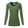 thumbnail image 1 of A2Y Women's Basic Solid Soft Cotton Long Sleeve V-neck Top T-shirt Army Green L, 1 of 3