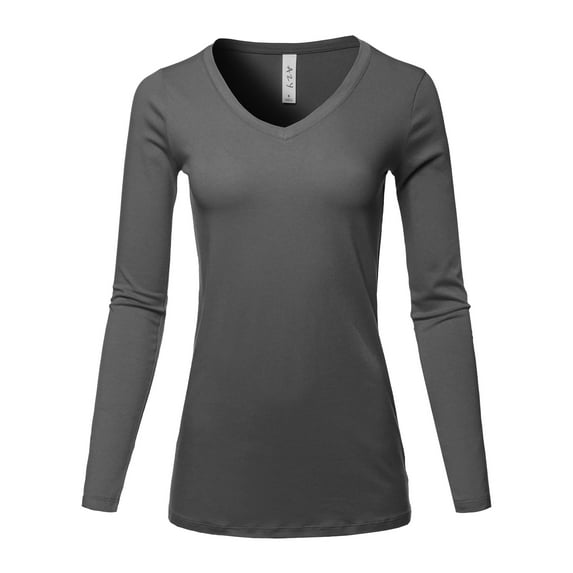 A2Y Women's Basic Solid Soft Cotton Long Sleeve V-neck Top T-shirt Ash Grey 1XL