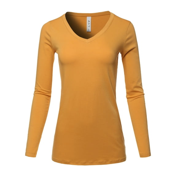 A2Y Women's Basic Solid Soft Cotton Long Sleeve V-neck Top T-shirt Ash Mustard XL