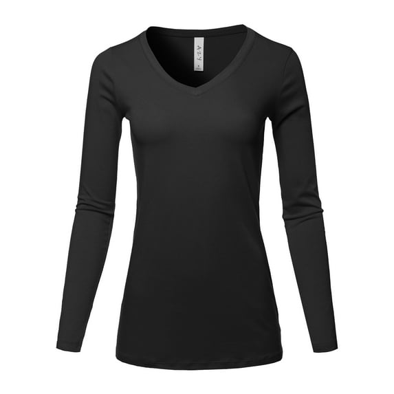 A2Y Women's Basic Solid Soft Cotton Long Sleeve V-neck Top T-shirt Black 1XL