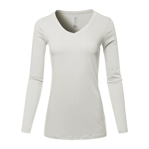 A2Y Women's Basic Solid Soft Cotton Long Sleeve V-neck Top T-shirt Bone M