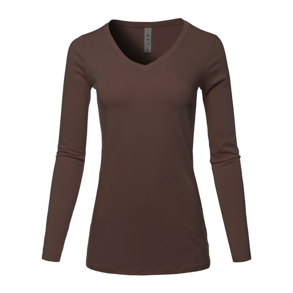 A2Y Women's Basic Solid Soft Cotton Long Sleeve V-neck Top T-shirt Brown M