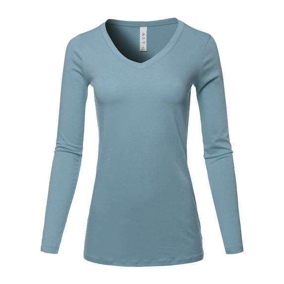 A2Y Women's Basic Solid Soft Cotton Long Sleeve V-neck Top T-shirt Cement 1XL