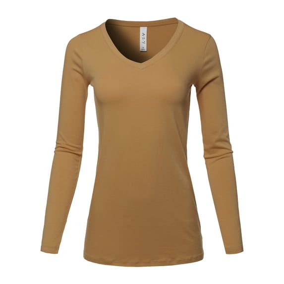 A2Y Women's Basic Solid Soft Cotton Long Sleeve V-neck Top T-shirt Coffee XL
