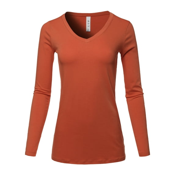 A2Y Women's Basic Solid Soft Cotton Long Sleeve V-neck Top T-shirt Copper XL
