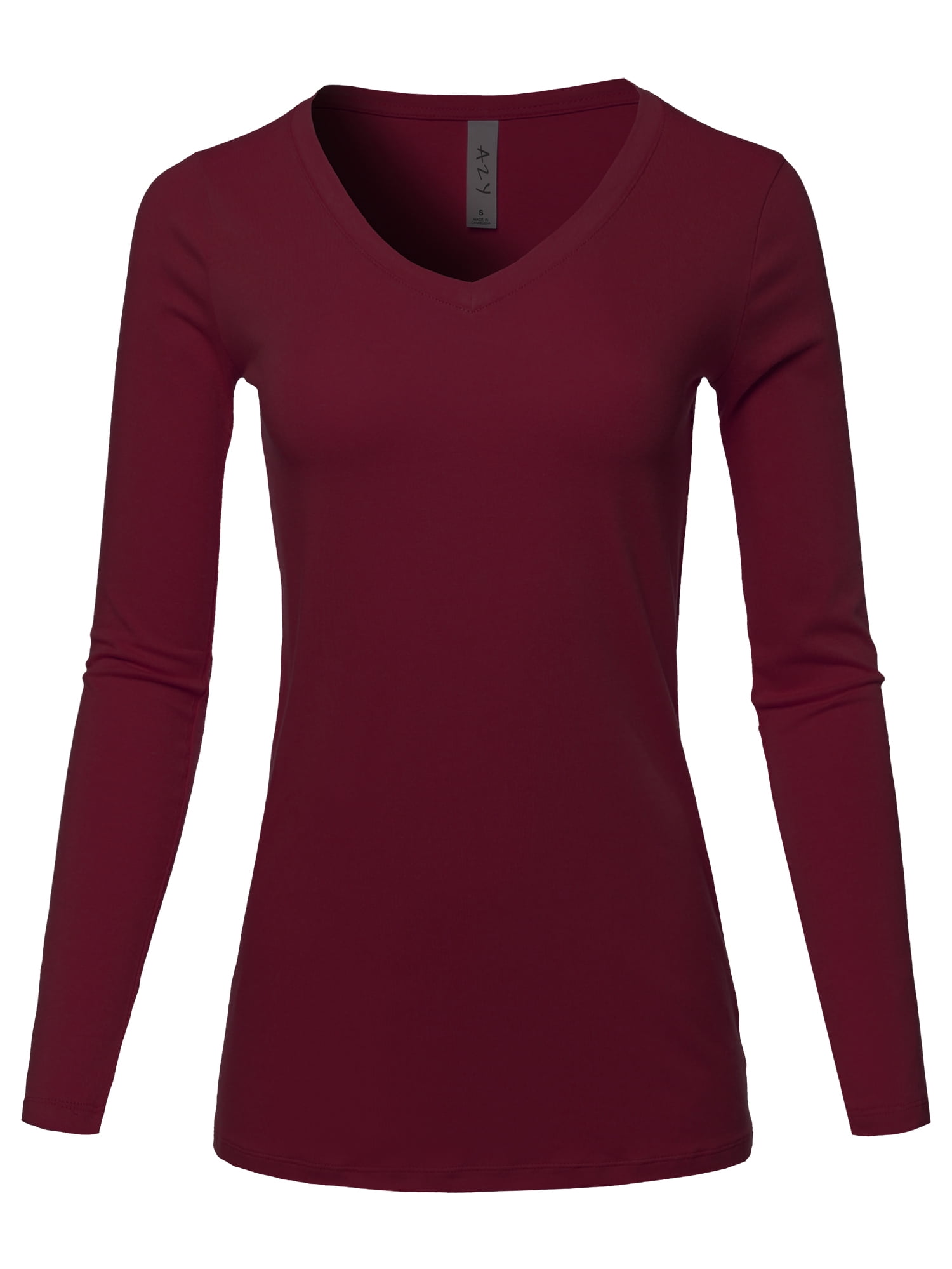 A2Y Women's Basic Solid Soft Cotton Long Sleeve V-neck Top T-shirt